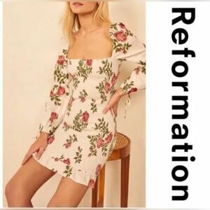 Reformation Women's Linen Dress Size L Hilary Floral  Smocked Puff Sleeve